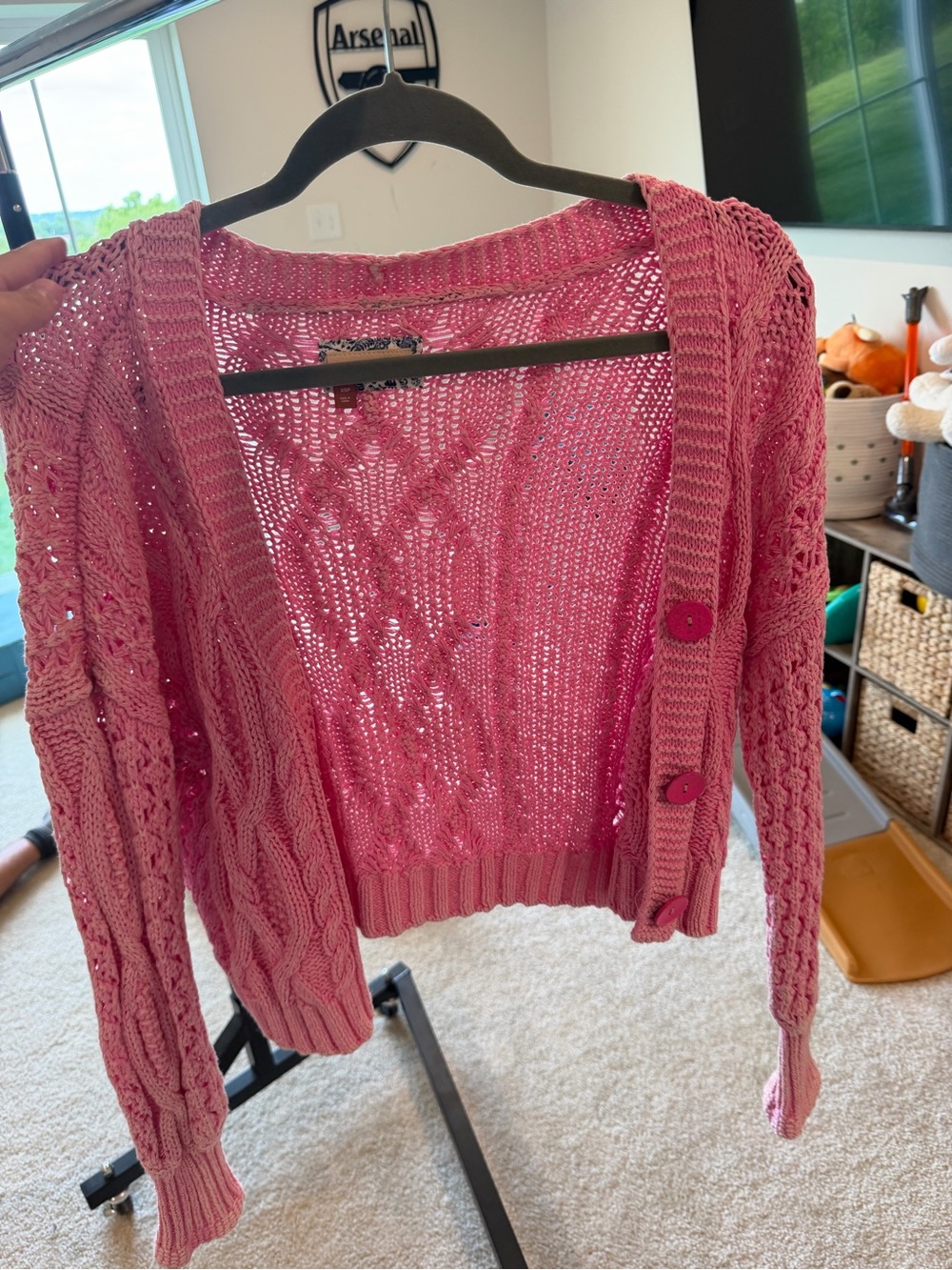Pilcro Pink Open-Knit Button Cardigan